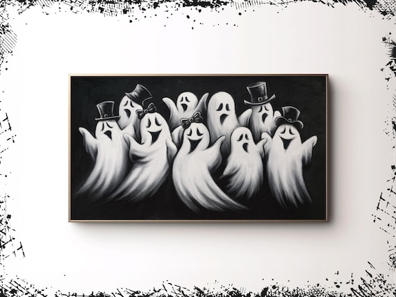 Happy Ghosts Top Hats Bows Black Background Cute Halloween Party Poster