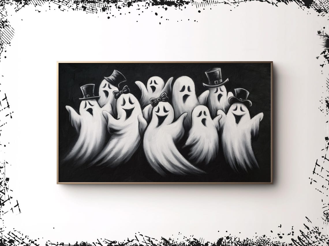 Frame Tv Art Ghost Modern Neutral Halloween Frame Tv Spooky Fall Decor Cute Ghosts Painting Whimsical Black White Art Tv