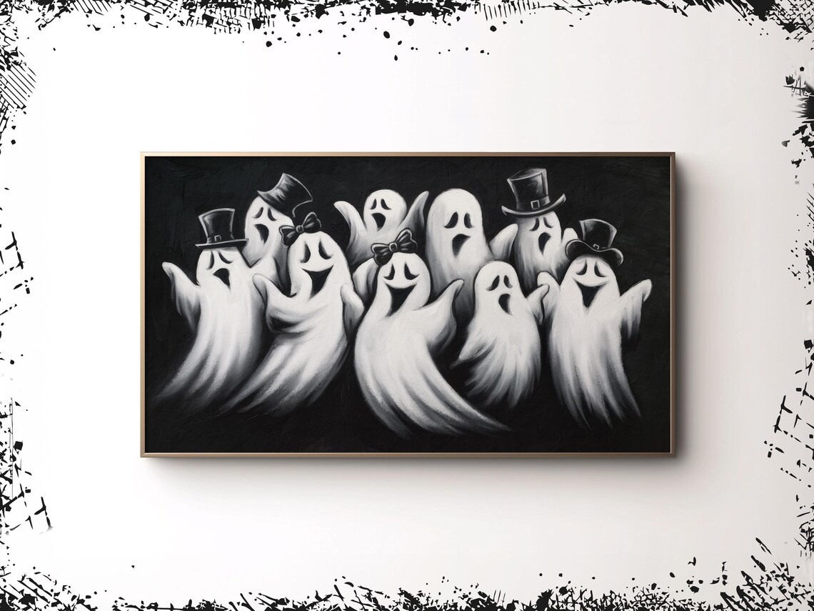 Happy Ghosts Top Hats Bows Black Background Cute Halloween Party Poster
