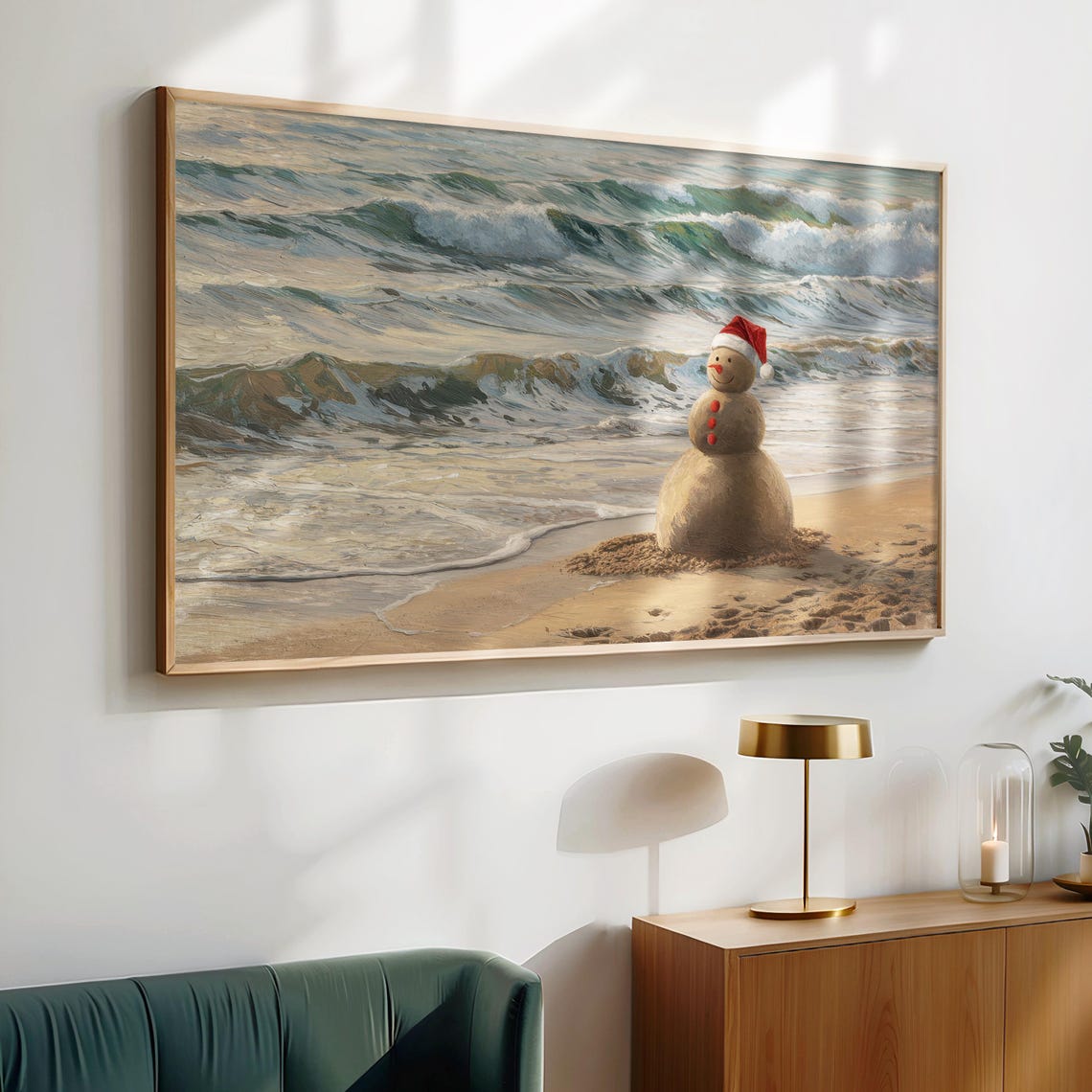 Sand Snowman Santa Hat Beach Waves Coastal Christmas Painting Poster - Image 4