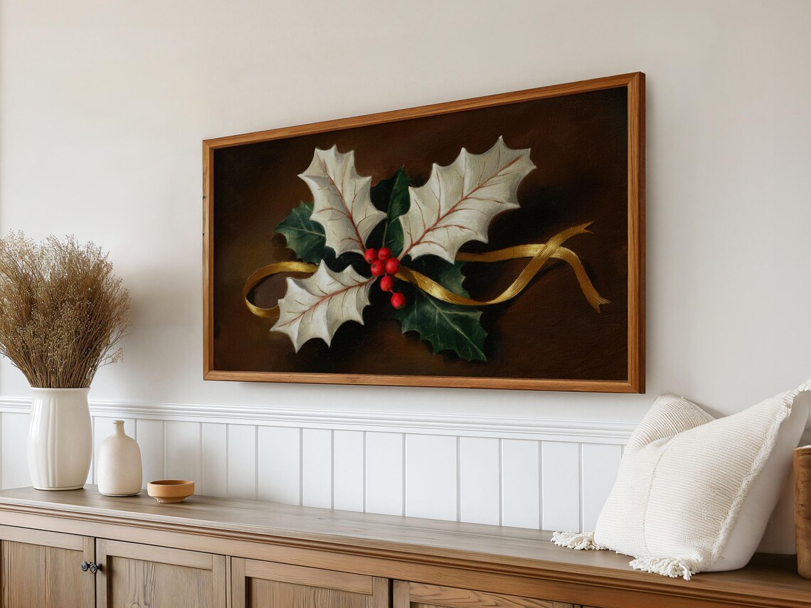 White Holly Leaves Red Berries Gold Ribbon Vintage Christmas Poster - Image 5