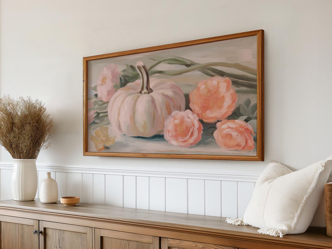 White Pumpkin Pink Peonies Floral Fall Painting Vintage Autumn Art Poster - Image 4