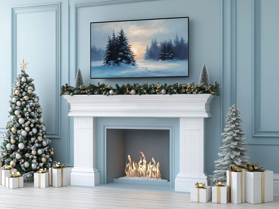Snowy Pine Forest Twilight Blue Tones Minimalist Winter Poster - Image 3