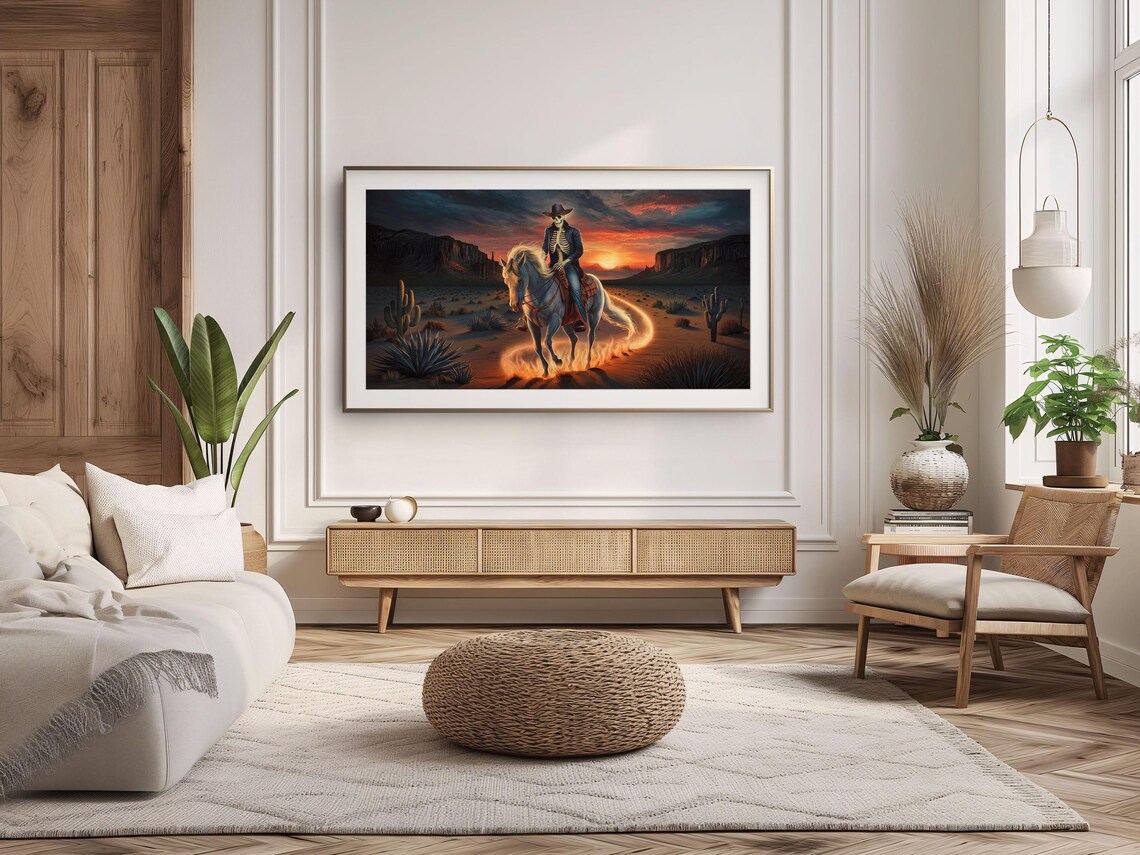 Skeleton Cowboy Horse Desert Sunset Western Halloween Painting Art Poster - Image 2