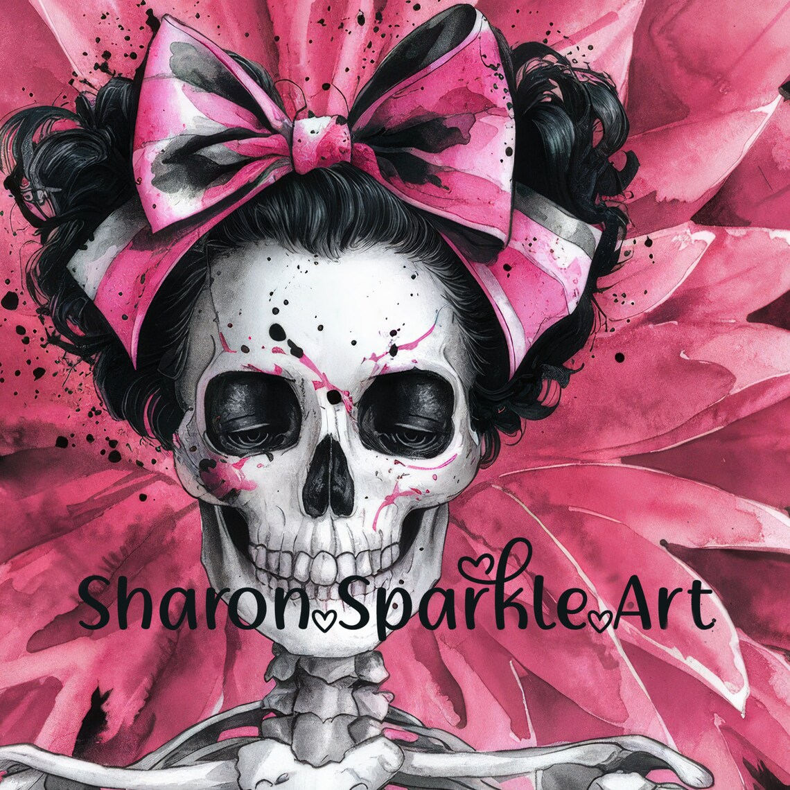 Pink Goth Skeleton With Bow Dark Coquette Watercolor Halloween Wall Poster - Image 3