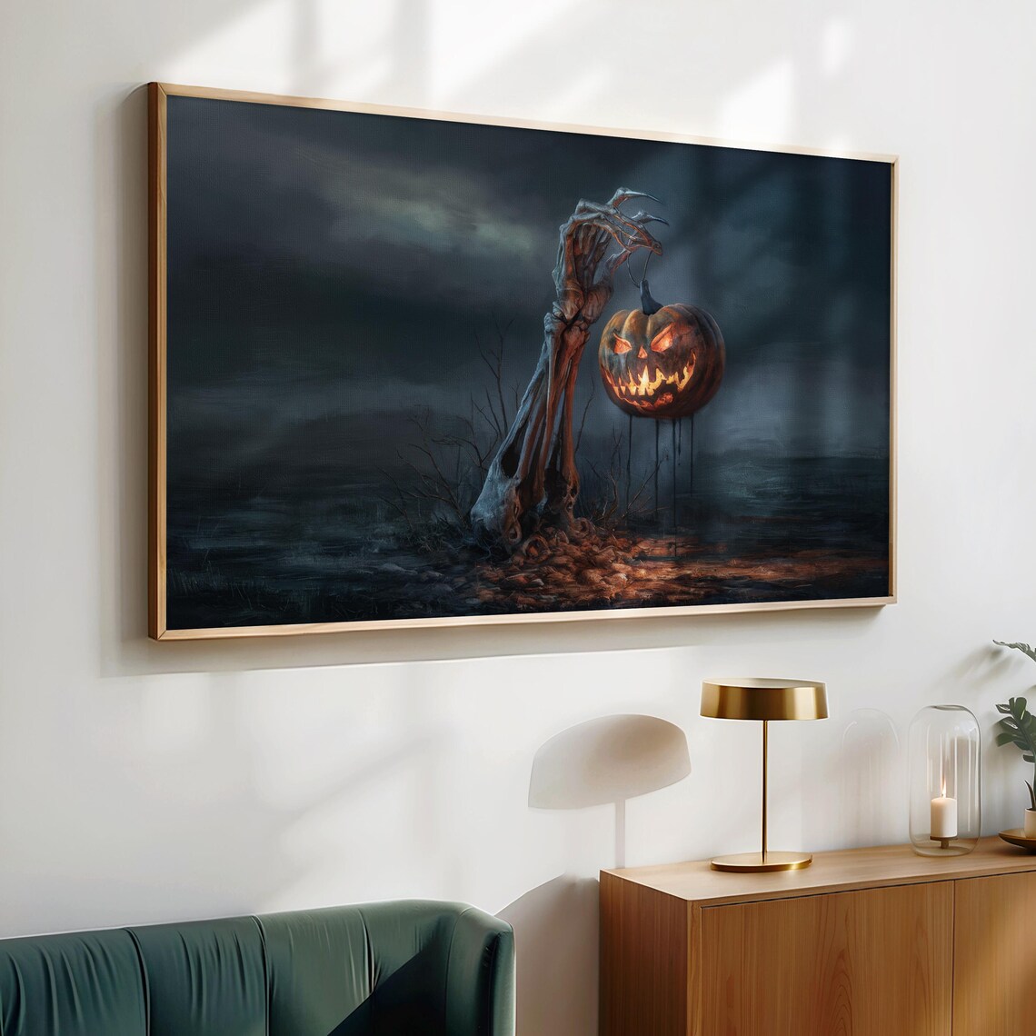 Skeleton Hand Holding Jack O Lantern Dark Stormy Halloween Night Poster - Image 4