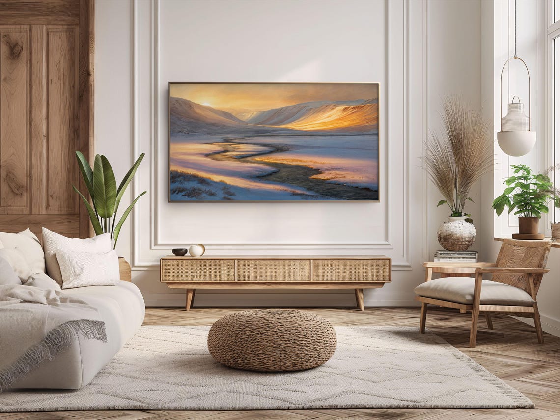 Snowy Mountain Valley Sunrise Golden Light Winding Stream Poster - Image 2
