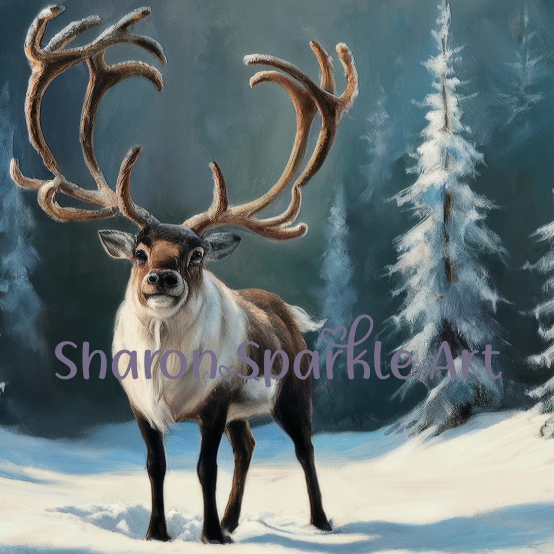 Reindeer Snowy Pine Forest Nordic Winter Landscape Painting Art Poster - Image 4
