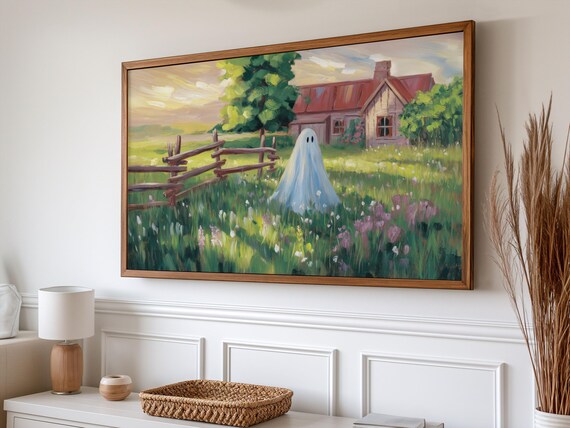 Cute Ghost Meadow Floral Halloween Painting Rustic Barn Scene Poster