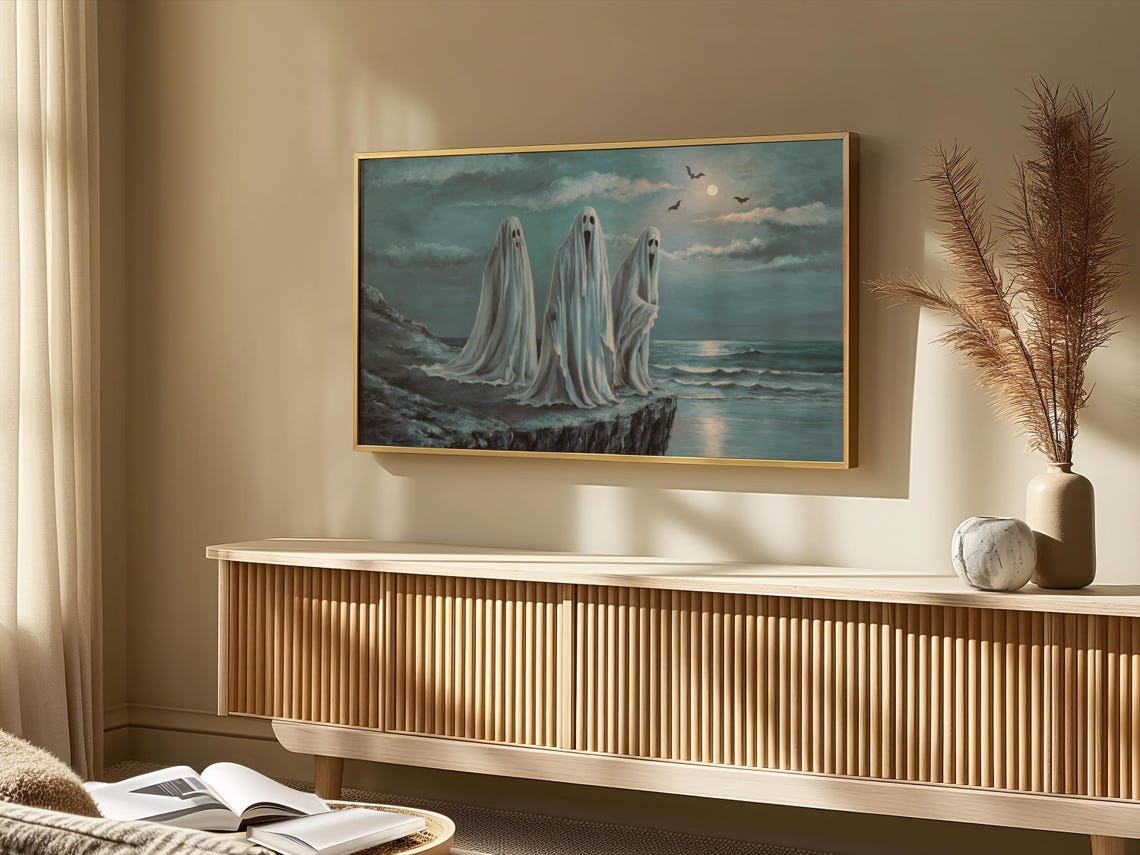 Three Ghosts Moonlit Cliff Sea Bats Moody Coastal Halloween Art Poster - Image 4