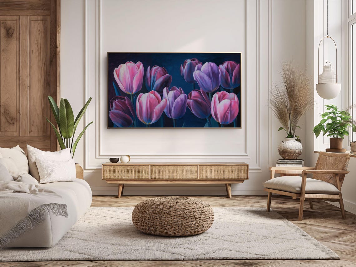 Pink Purple Tulips Dark Navy Background Moody Floral Art Poster - Image 3