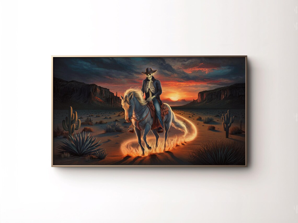 Skeleton Cowboy Horse Desert Sunset Western Halloween Painting Art Poster - Image 5