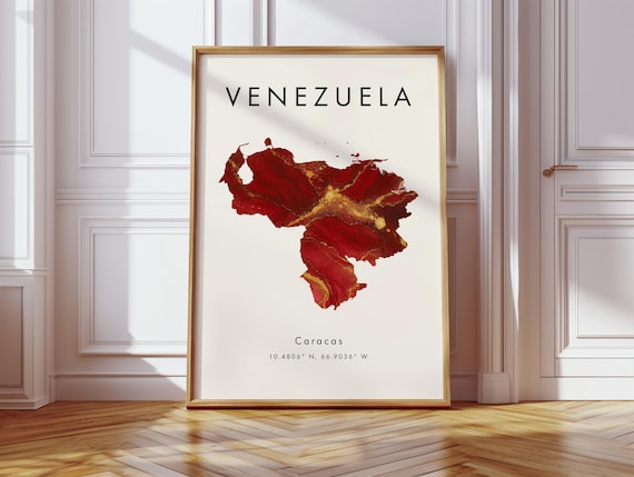 Venezuela Map Poster Red And Gold South America Wall Art Print Home Decor Geography Gift Wallpaper