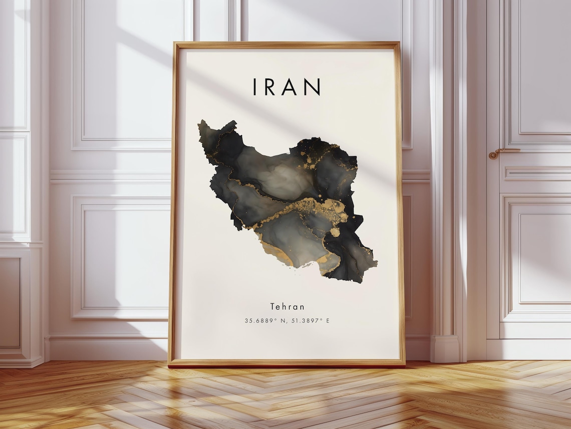 Iran Map Poster, Black and Gold Asia Art Print