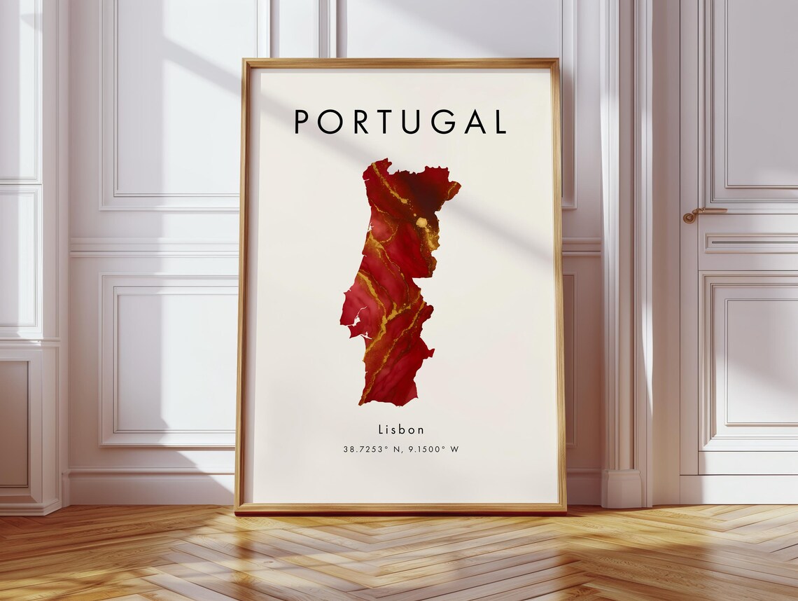 Portugal Red Gold Watercolor Map White Background Lisbon Poster