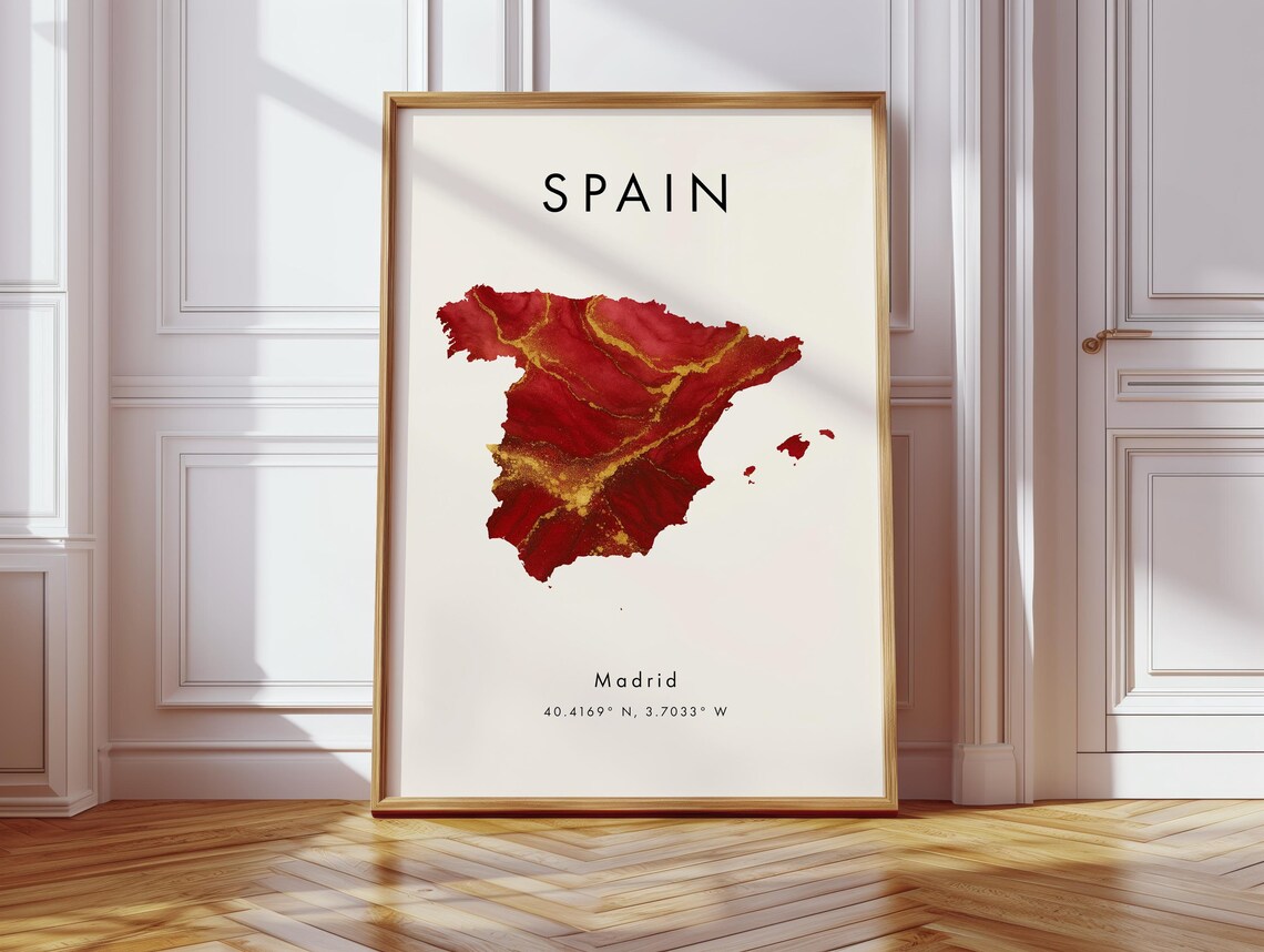 Spain Map Poster Red And Gold Europe Wall Art Print Home Decor Geography Gift Wallpaper