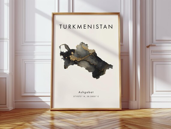 Turkmenistan Map Poster Black And Gold Asia Geography Gift Wallpaper