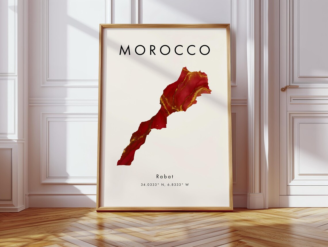 Morocco Map Poster Red And Gold Africa Wall Art Print Home Decor Geography Gift Wallpaper