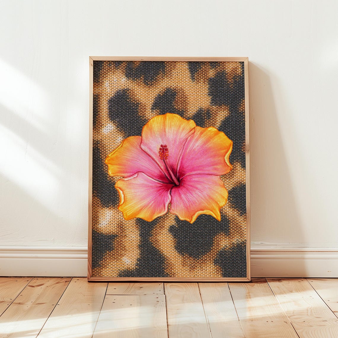 Pink Hibiscus Flower On Leopard Spots Trendy Floral Wall Decor Poster