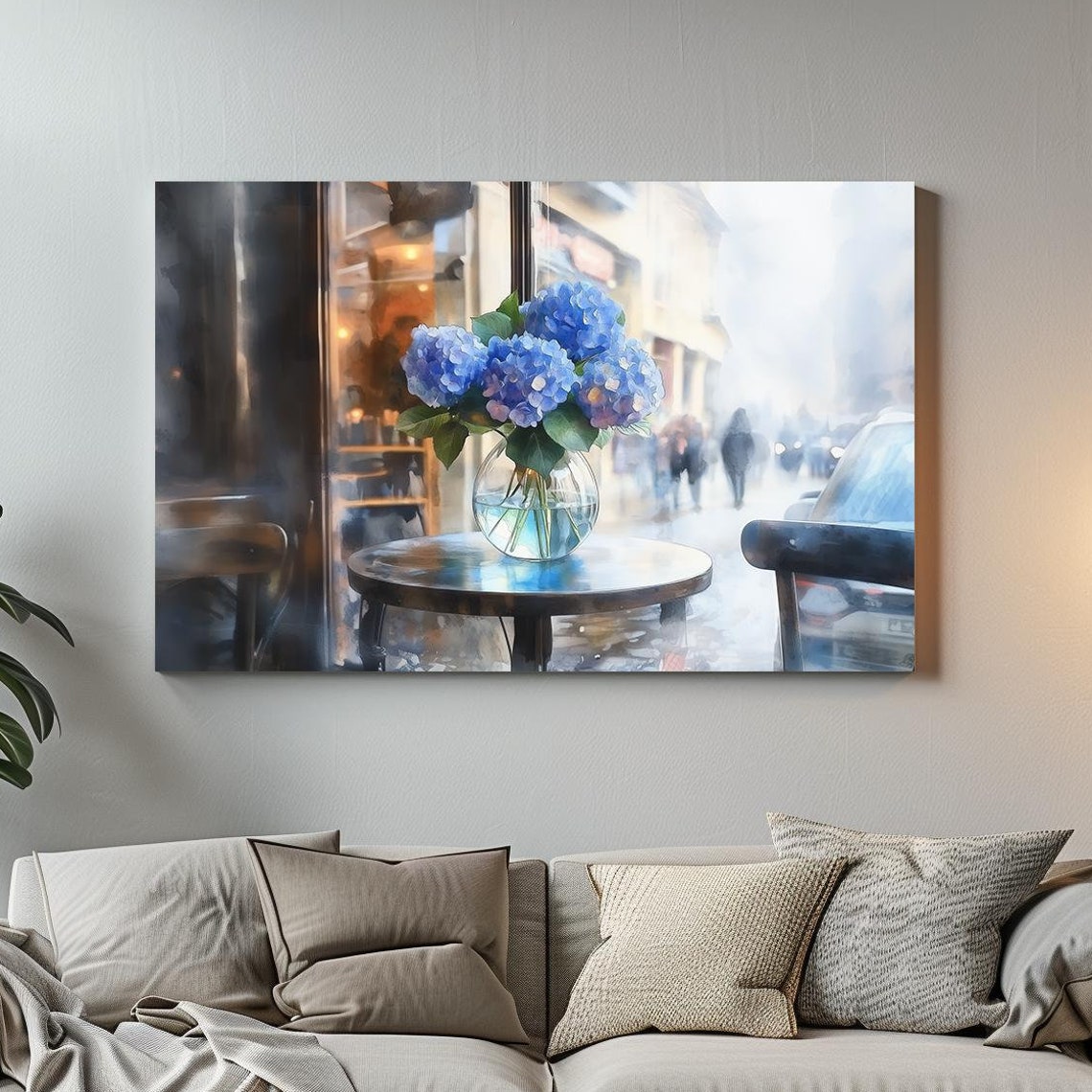 Fresh Blue Hydrangeas by Rainy Cafe Window Watercolor Art Poster