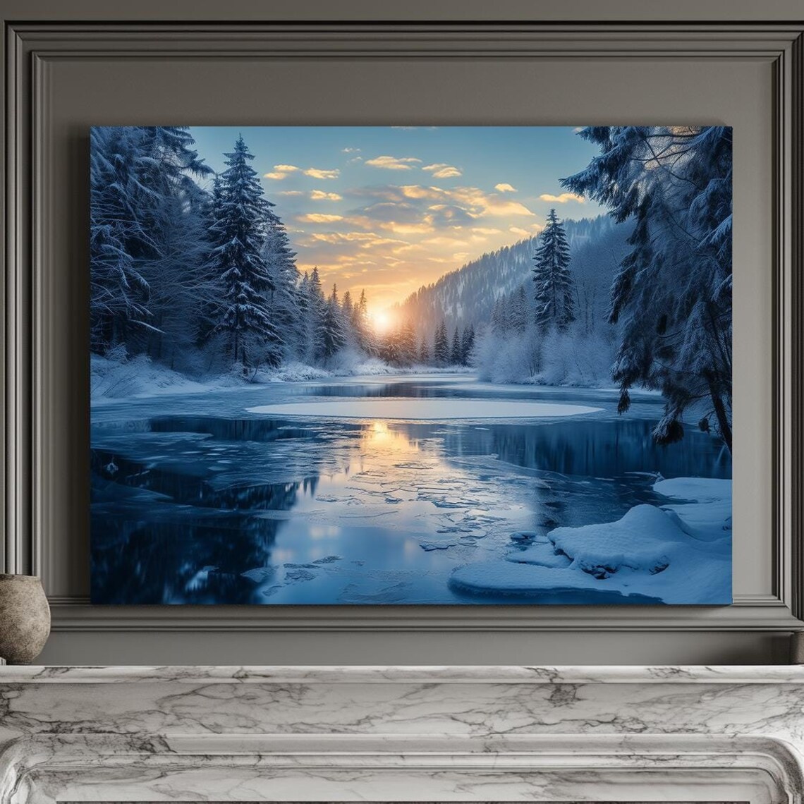 Sunrise Over Icy Lake With Pine Forest Reflection In Winter Morning Poster