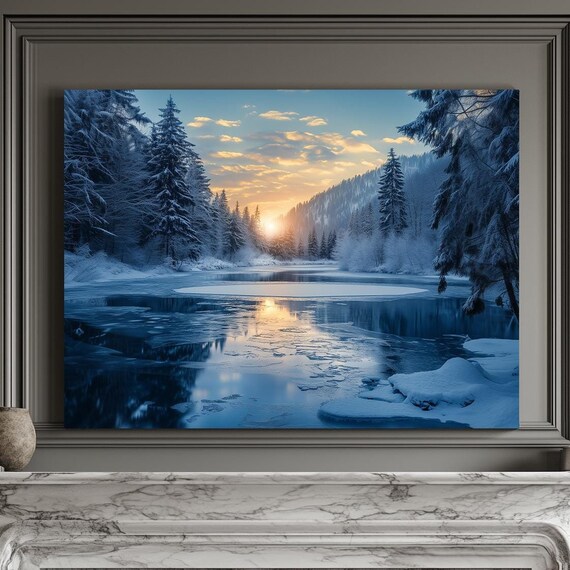 Sunrise Over Icy Lake With Pine Forest Reflection In Winter Morning Poster