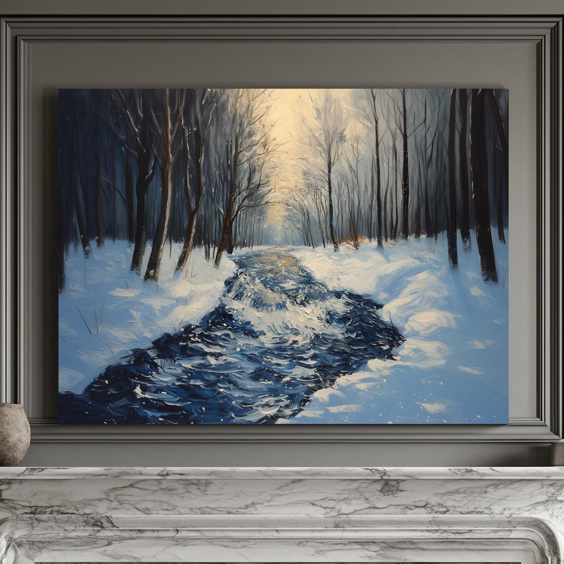 Snowy Pine Forest Stream In Winter Morning Light Landscape Print