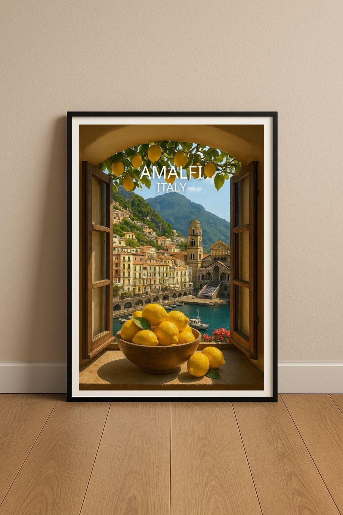 Amalfi Italy Open Window View Lemons Coastal Town Harbor Travel Poster