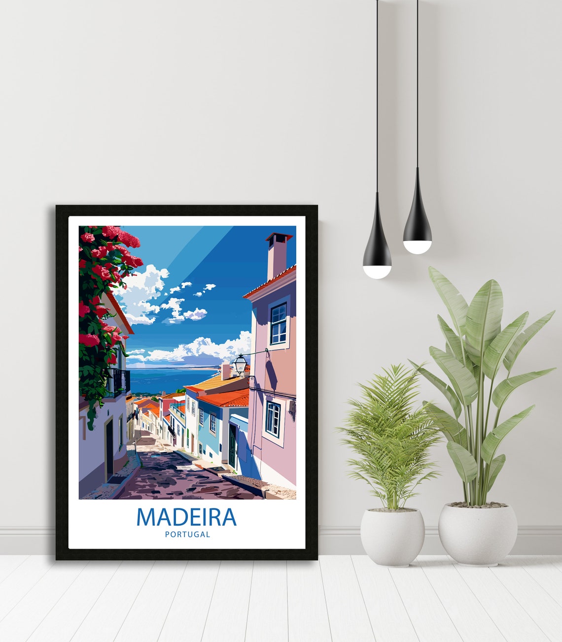 Madeira Portugal Cobblestone Street with Bougainvillea Sea View Poster - Image 2