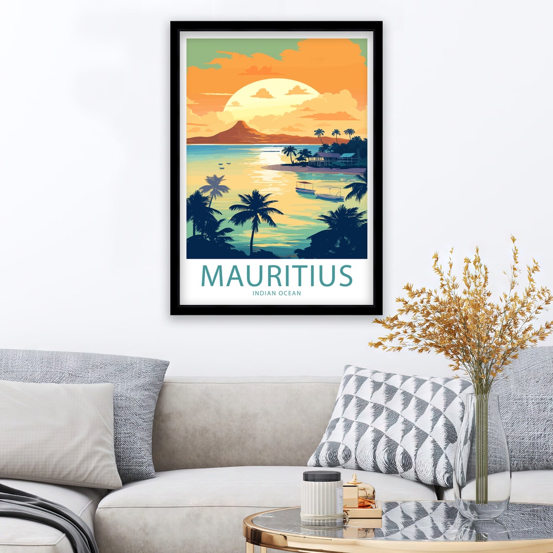 Mauritius Indian Ocean Palm Beach Sunset Illustrated Travel Poster - Image 3