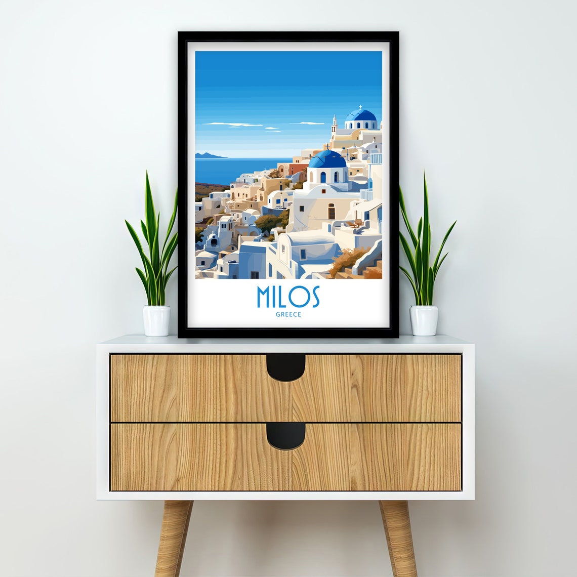 Milos Greece Whitewashed Blue Dome Seaside Town Travel Poster - Image 2