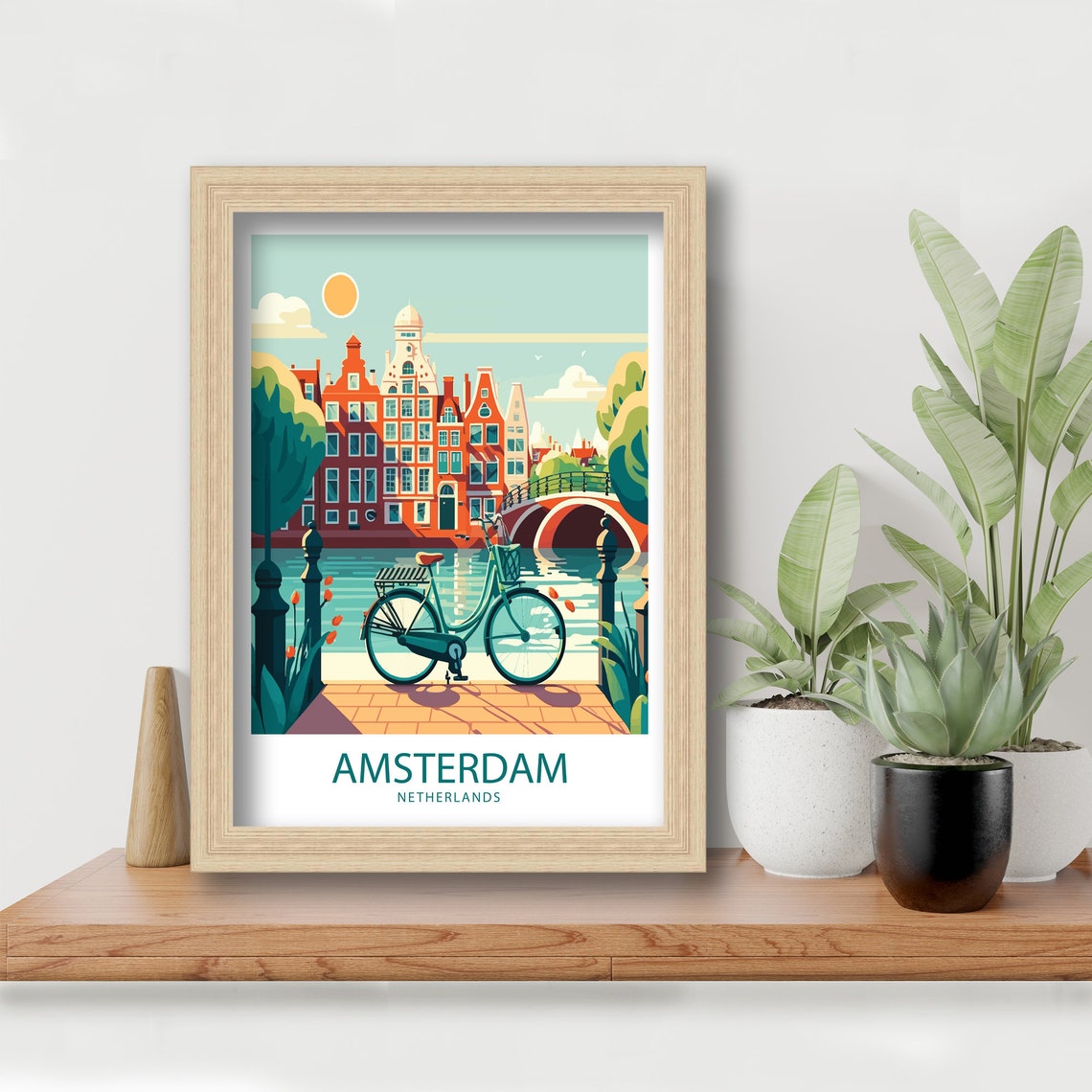 Amsterdam Netherlands Canal Bridge Bicycle Tulips Travel Poster - Image 5