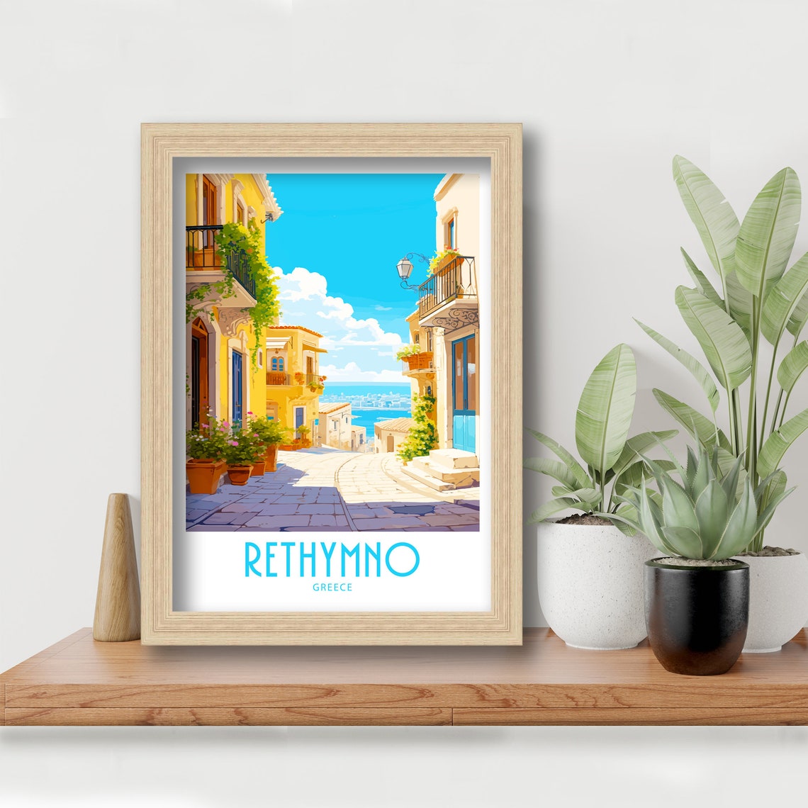 Rethymno Greece Old Town Cobblestone Street Sea View Alleyway Poster - Image 6