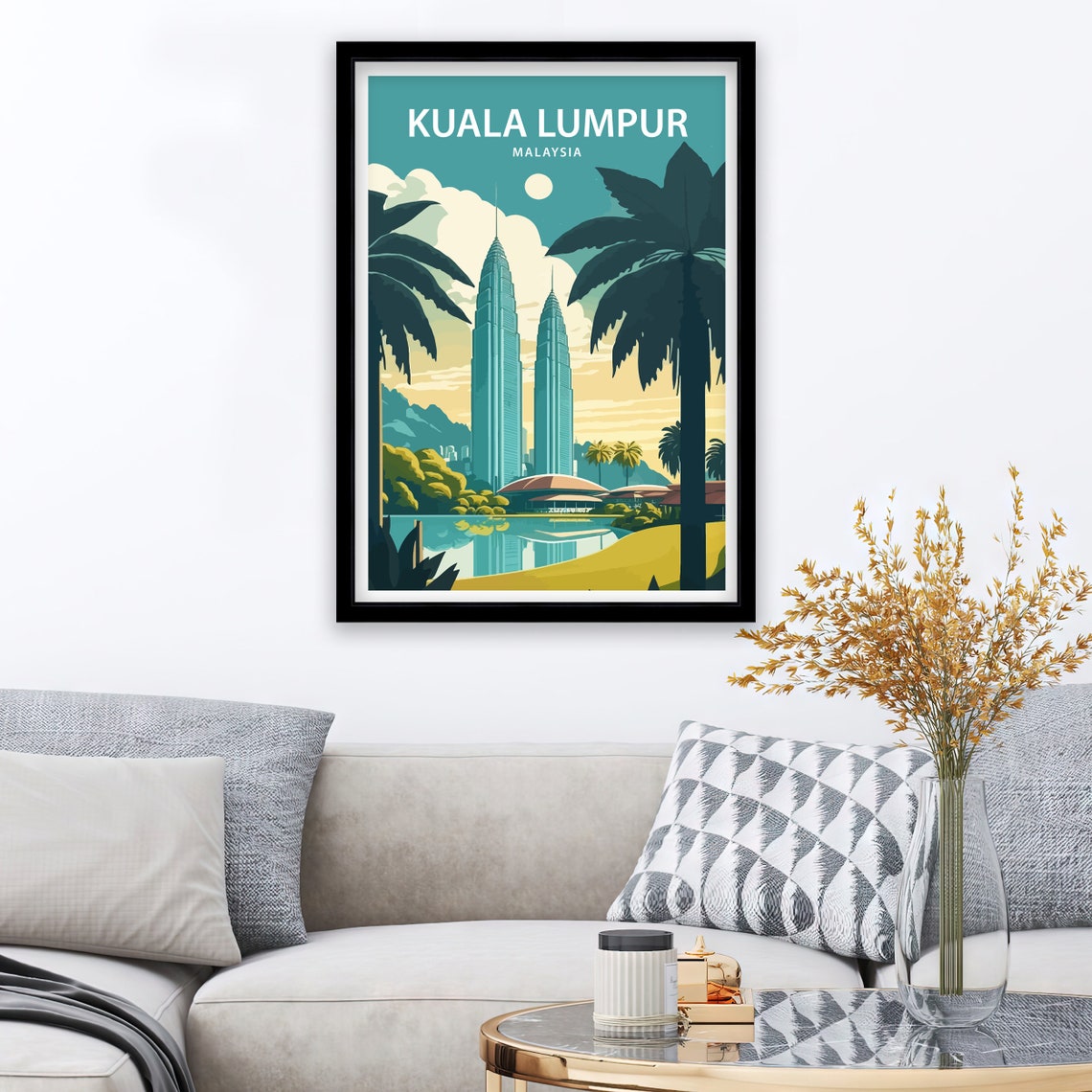 Kuala Lumpur Malaysia Twin Towers Palms And Moon Retro Travel Poster - Image 3