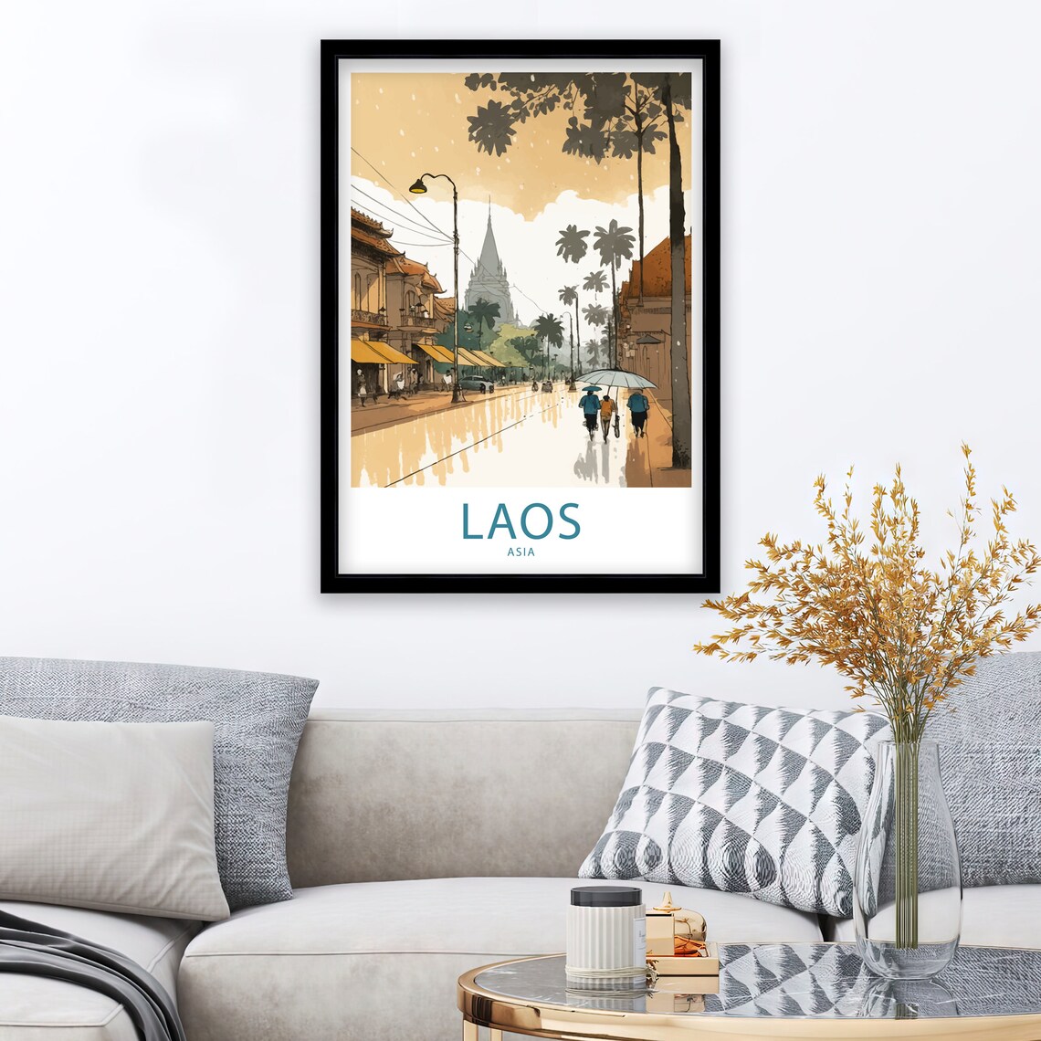Laos Asia Temple Street Rainy Day Umbrellas Watercolor Art Poster - Image 3