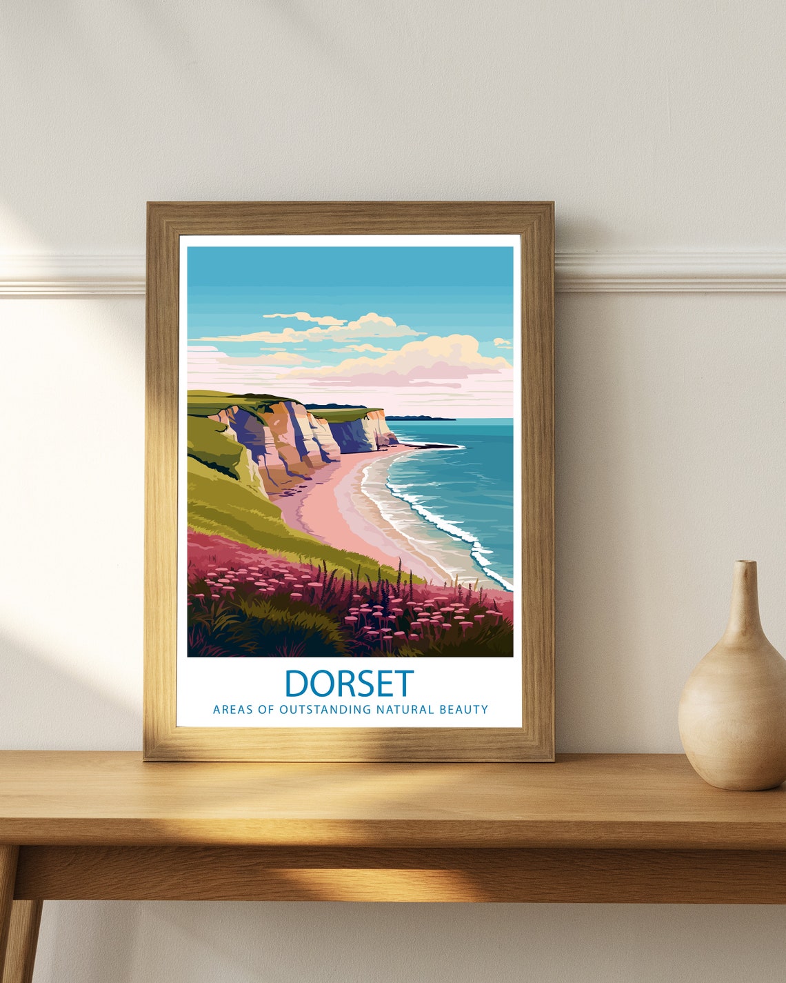 Dorset Chalk Cliffs Sandy Cove Pink Wildflower Coast Scene Poster - Image 3