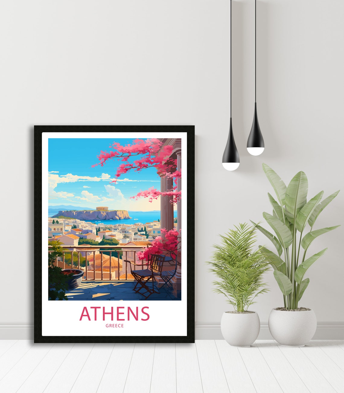 Athens Greece Balcony Acropolis View Pink Blossom Retro Travel Poster - Image 5