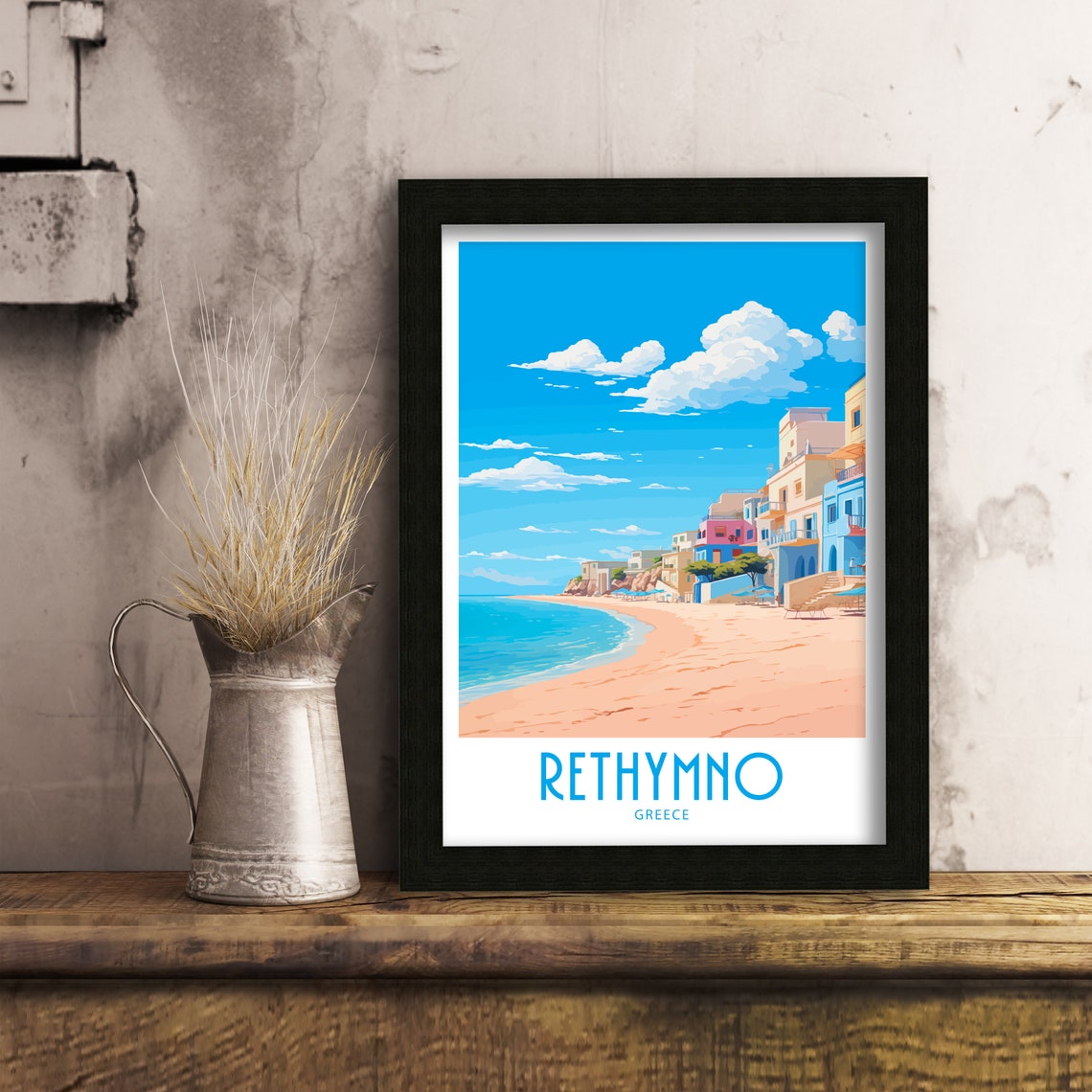 Rethymno Greece Sandy Beach Colorful Hillside Buildings Summer Poster - Image 2