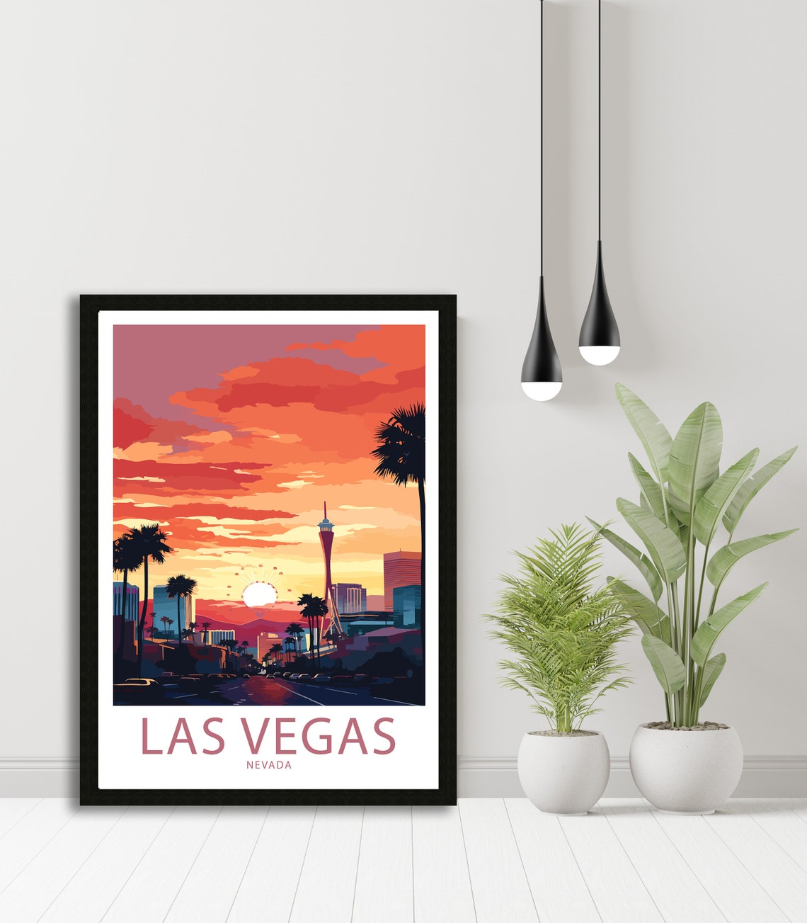 Las Vegas Nevada Sunset Skyline STRAT Tower Palm Trees Art Poster - Image 5