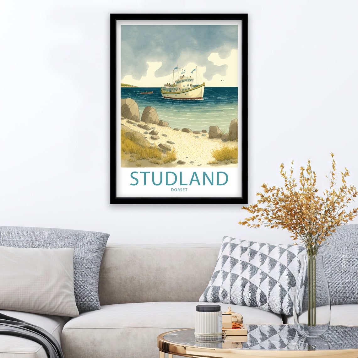 Studland Dorset Ferry Crossing Rocky Shore Watercolor Beach Poster - Image 3