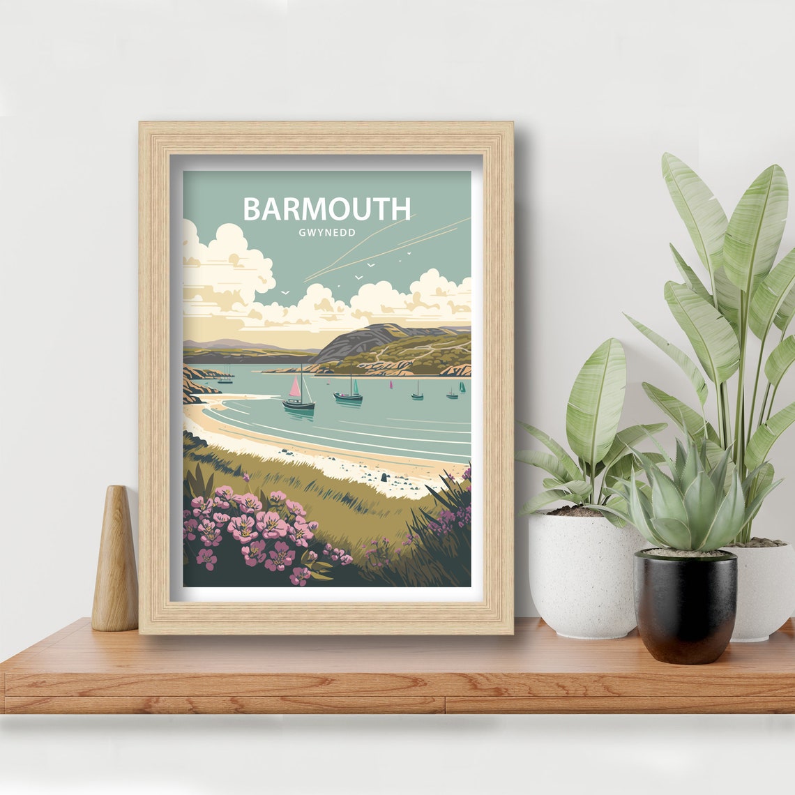 Barmouth Gwynedd Wales Sailboat Harbor Pink Flowers Travel Poster - Image 4