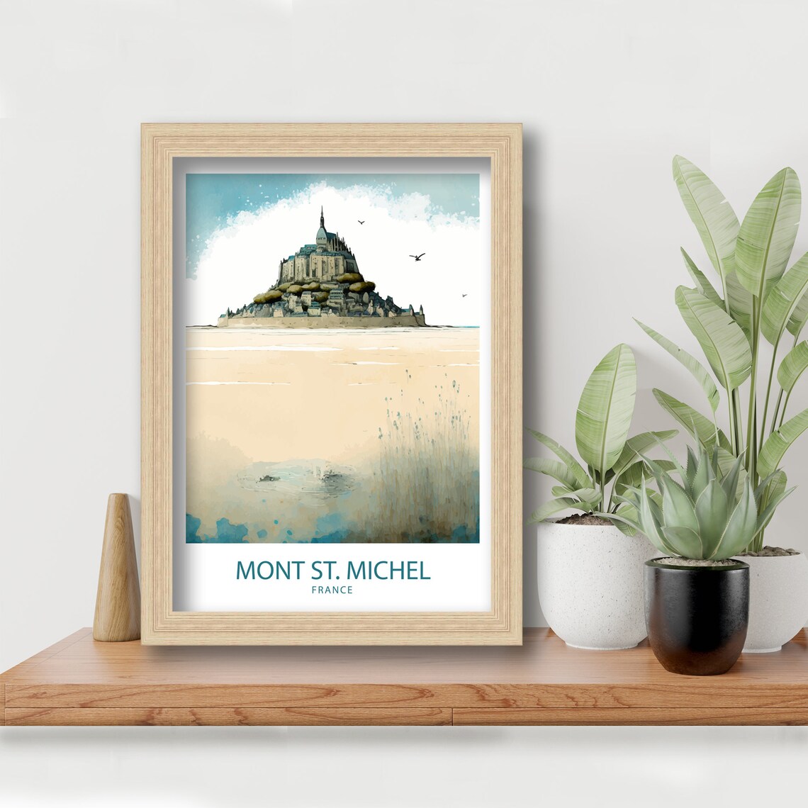 Mont St Michel France Misty Beach Minimalist Watercolor Poster - Image 5