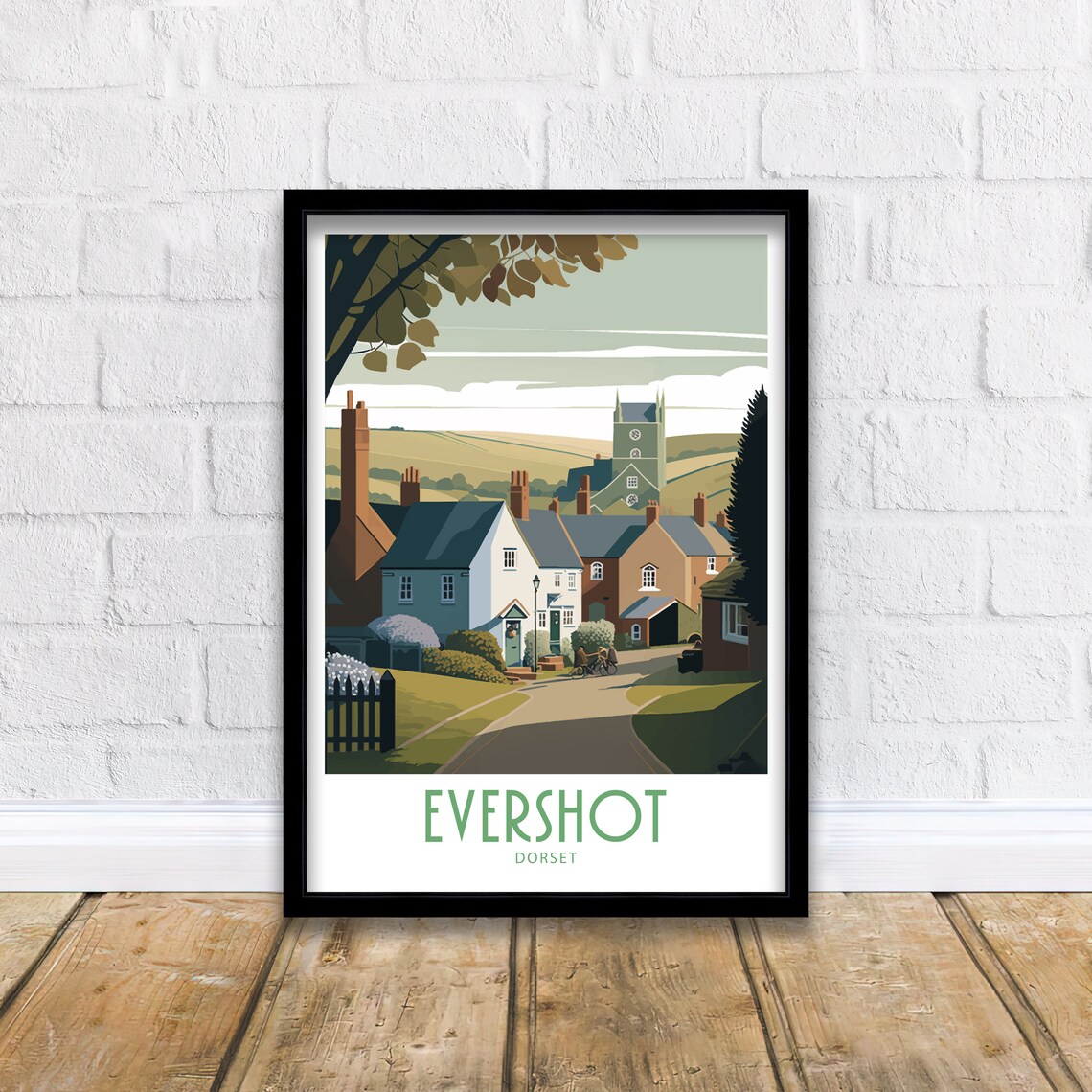 Evershot Dorset Village Church Cottages Vintage Travel Poster