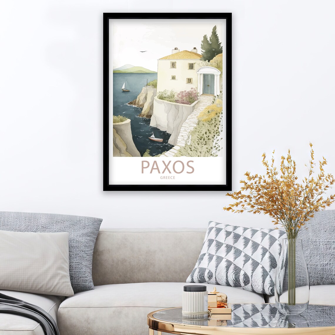 Paxos Greece Watercolor Cliffside Villa Sea View Sailboats Art Poster - Image 3