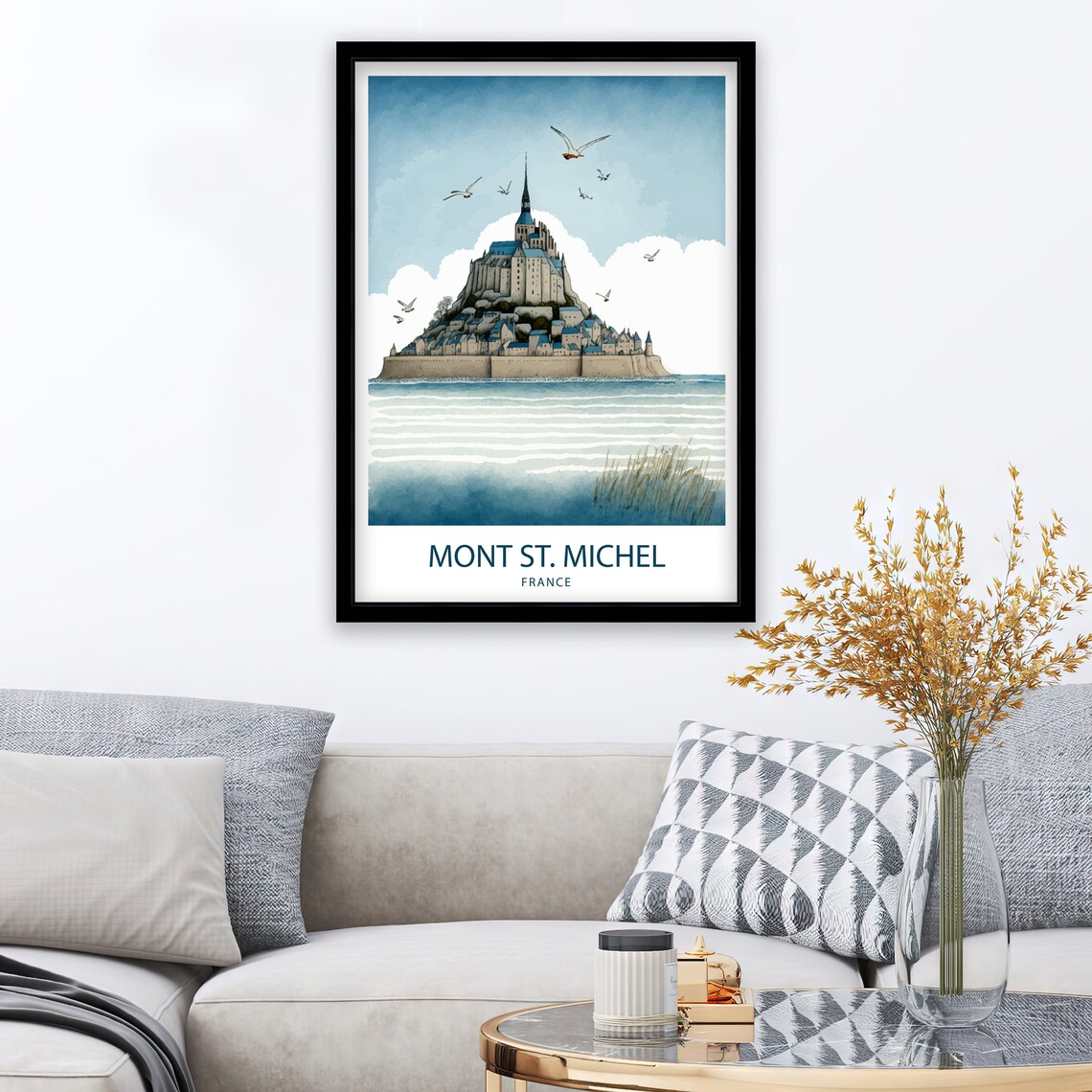 Mont St Michel France Watercolor Abbey Seagulls Travel Poster - Image 2