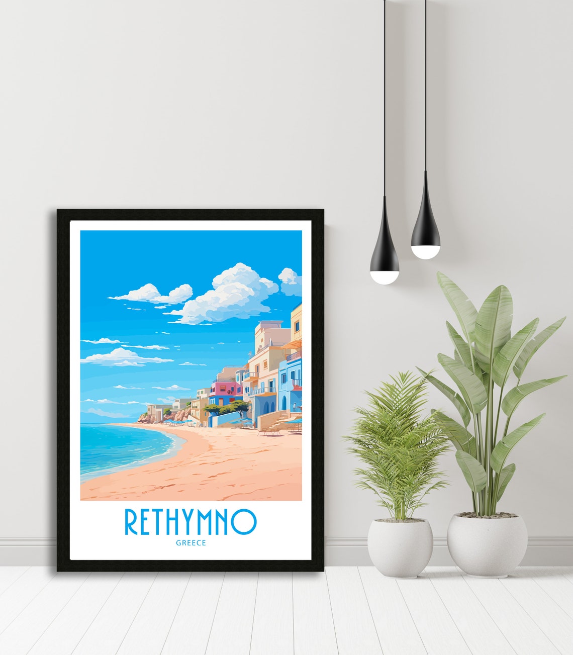 Rethymno Greece Sandy Beach Colorful Hillside Buildings Summer Poster - Image 6