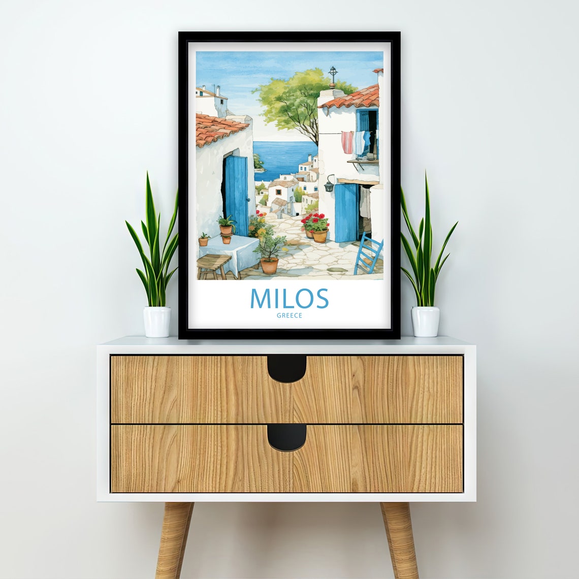 Milos Greece Whitewashed Seaside Alley Blue Doors Travel Poster - Image 2
