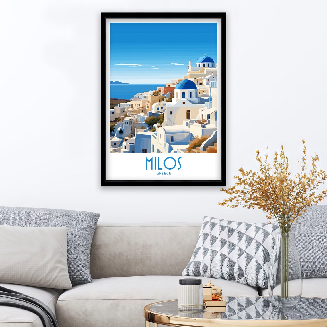 Milos Greece Whitewashed Blue Dome Seaside Town Travel Poster - Image 3