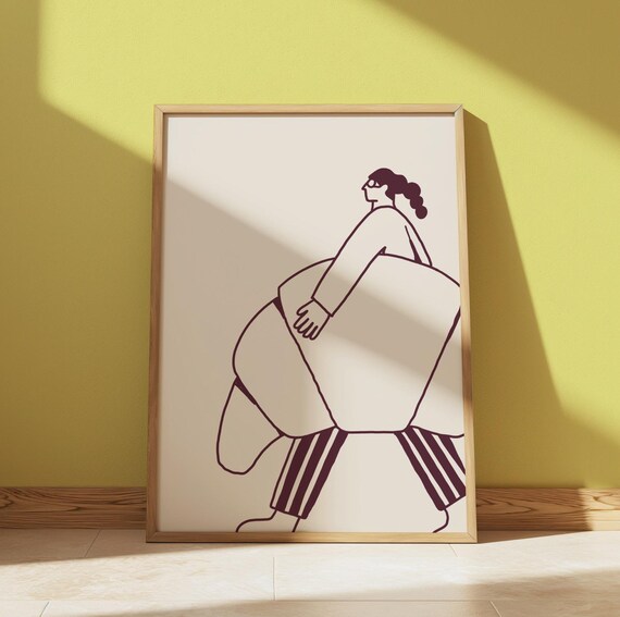 Minimalist Woman Hauling a Giant Croissant Funny French Bakery Poster