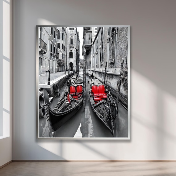 Dramatic Venice Canal Gondolas Black White Red Accent Poster